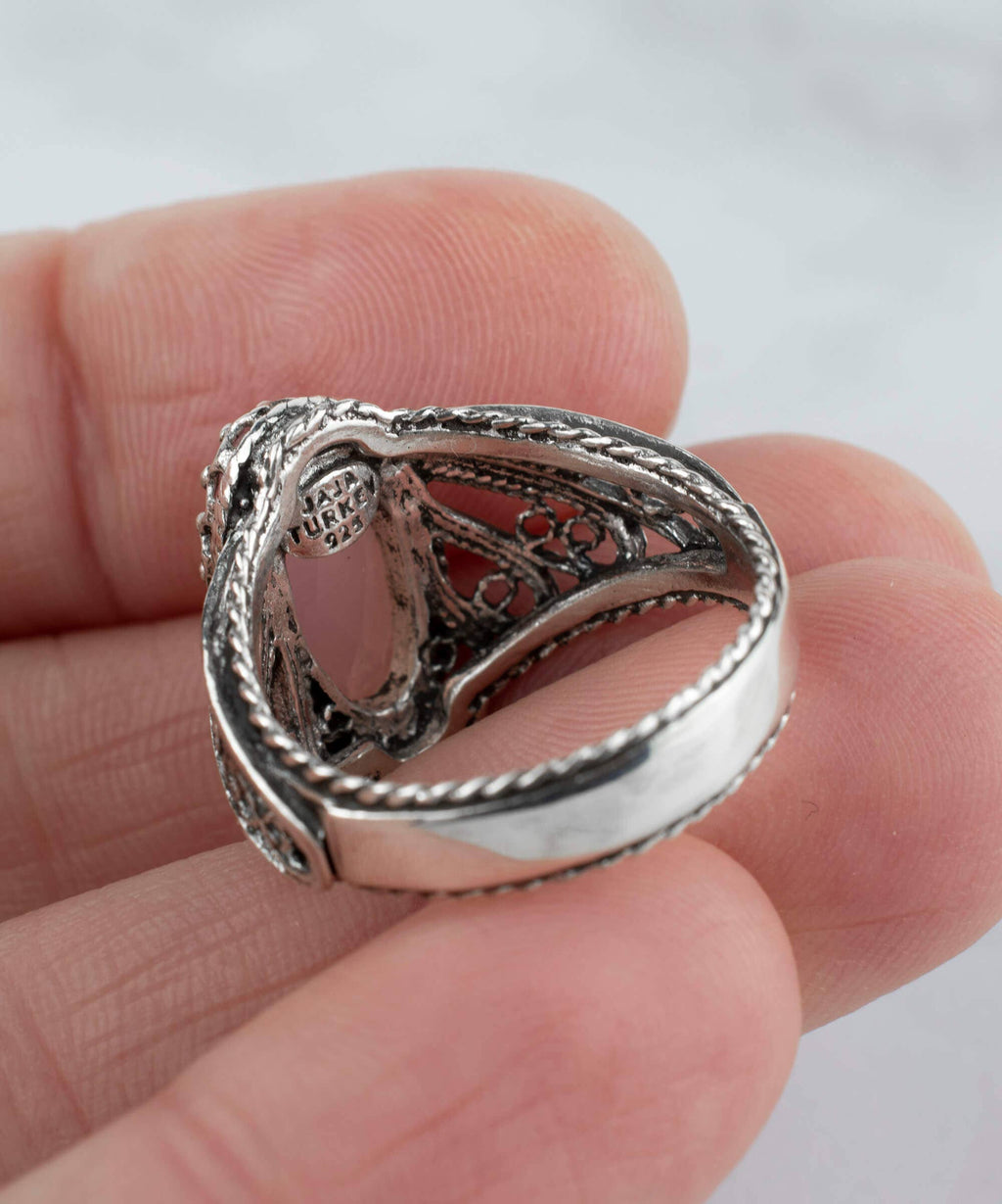 Art Pink Chalcedony Gemstone Angel Wings Women Silver Ring: Pink Chalcedony / 8
