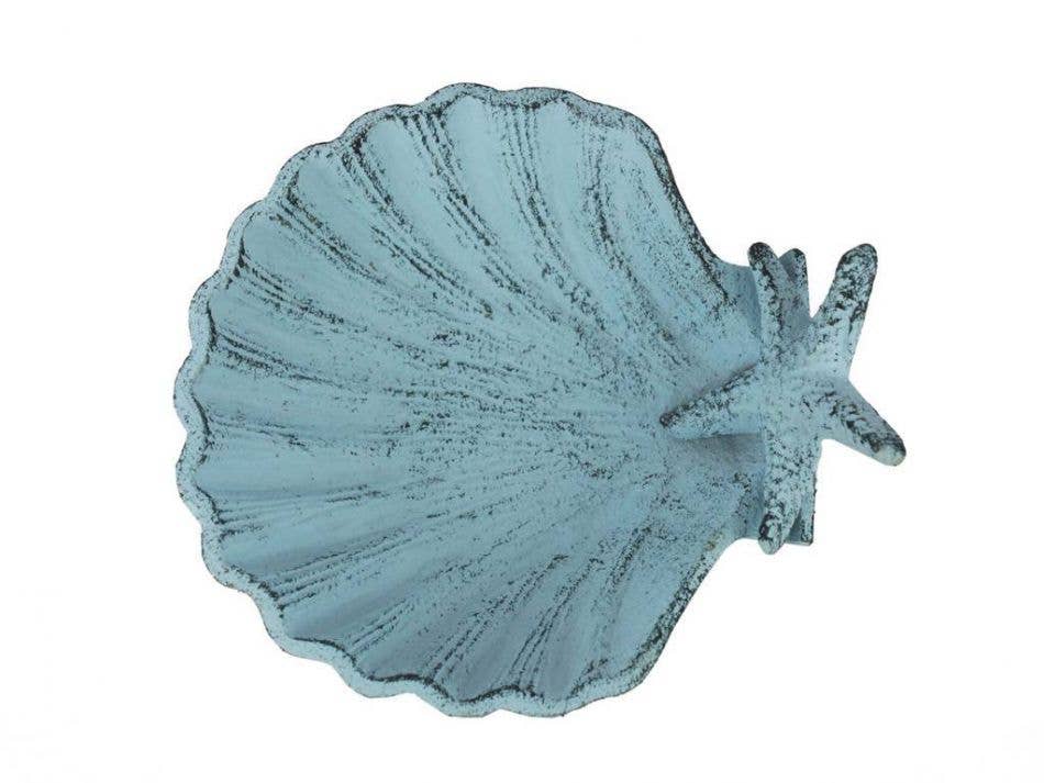 Dark Blue Whitewashed Cast Iron Shell With Starfish Decorative Bowl 6"