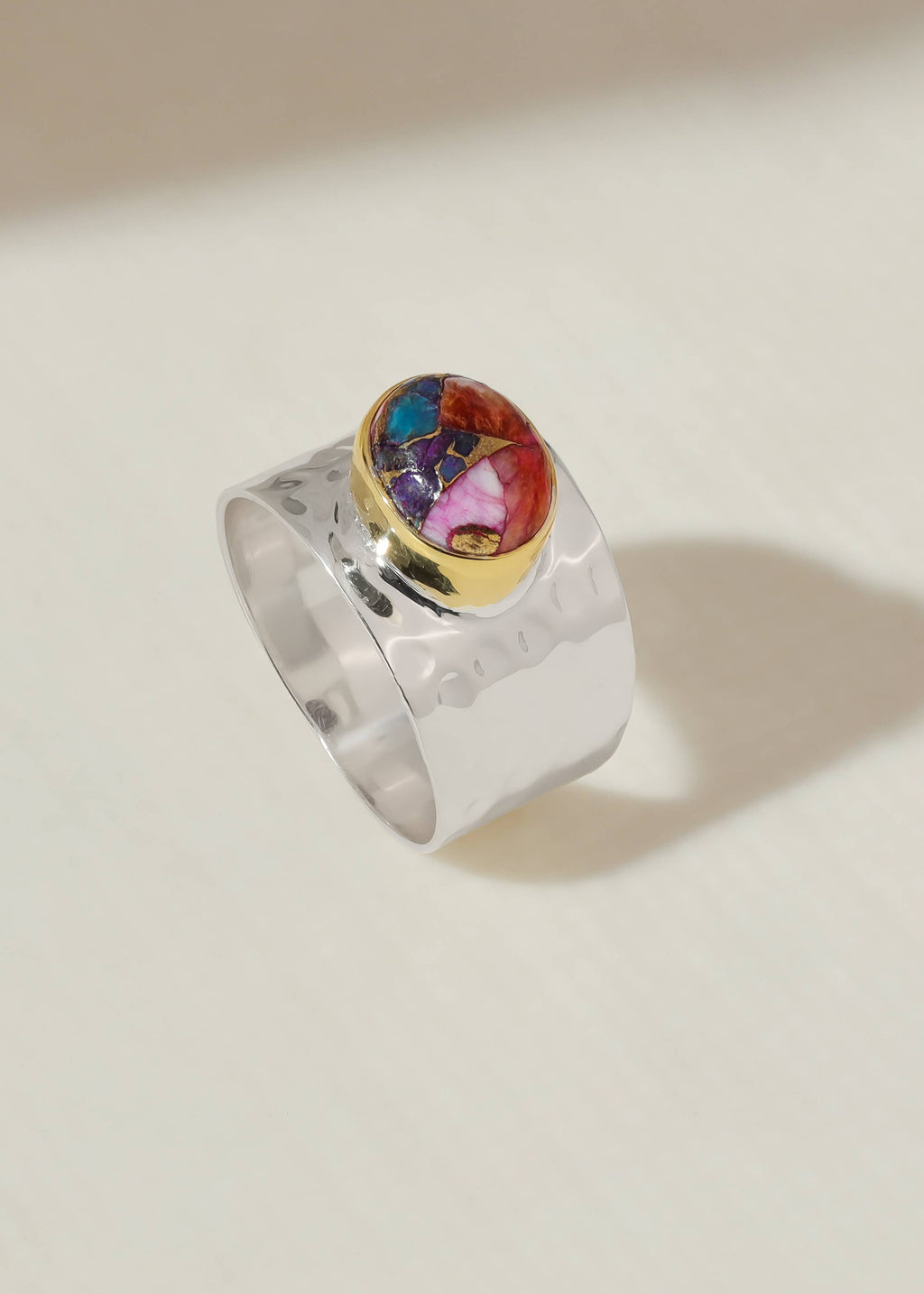 Silver Plated Pink Oyster Copper Turquoise Statement Ring: 7