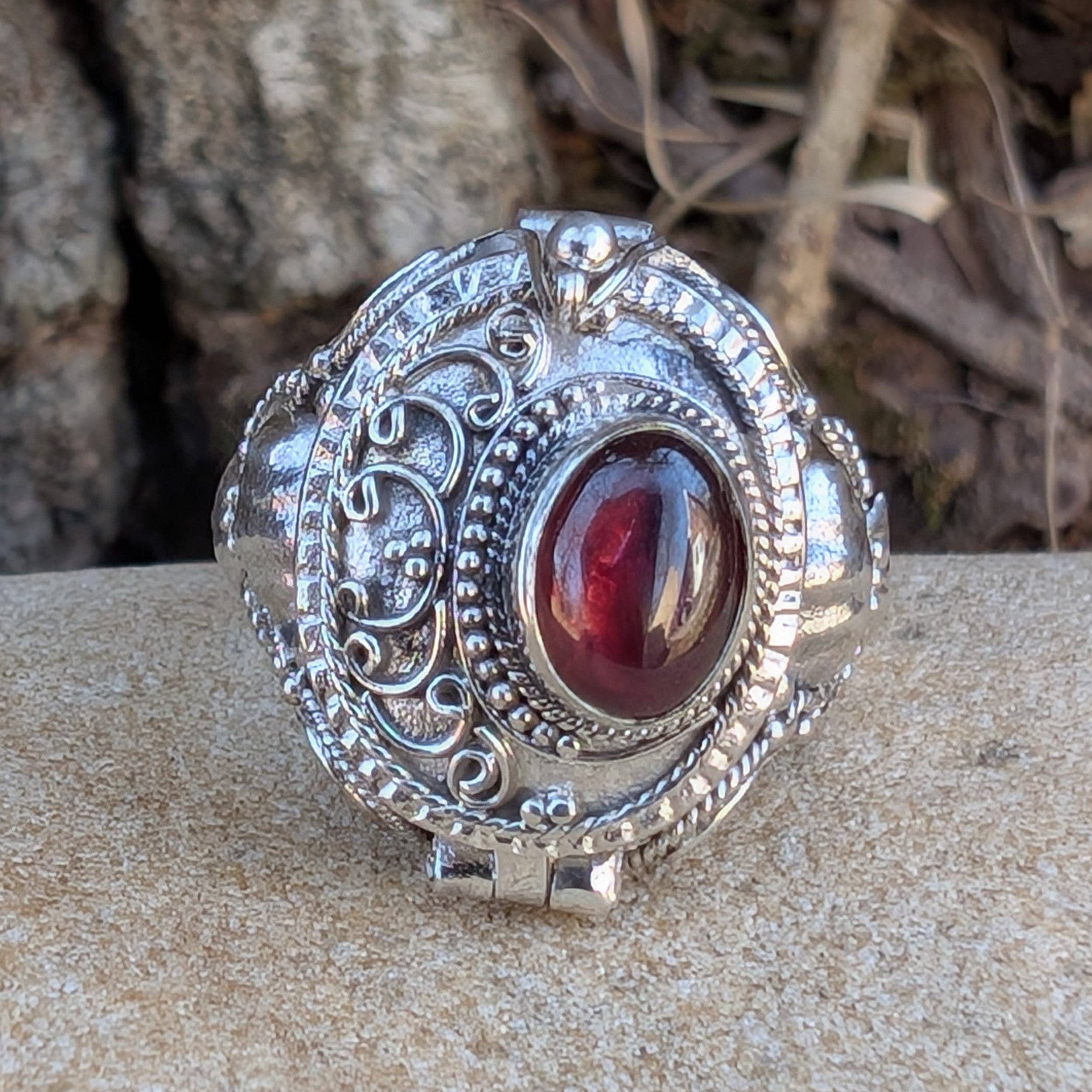 Medieval Eye - Gemstone Poison Box Locket Ring in Sterling Silver: Tiger Eye / 7