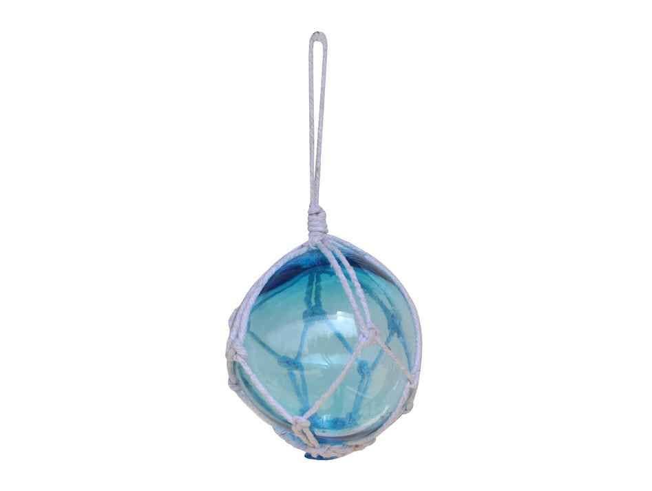 Light Blue Japanese Glass Ball Fishing Float With White Netting Decoration 3"