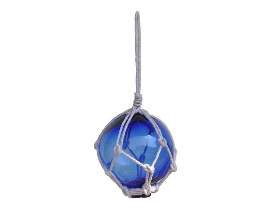Blue Japanese Glass Ball With White Netting Christmas Ornament 3"