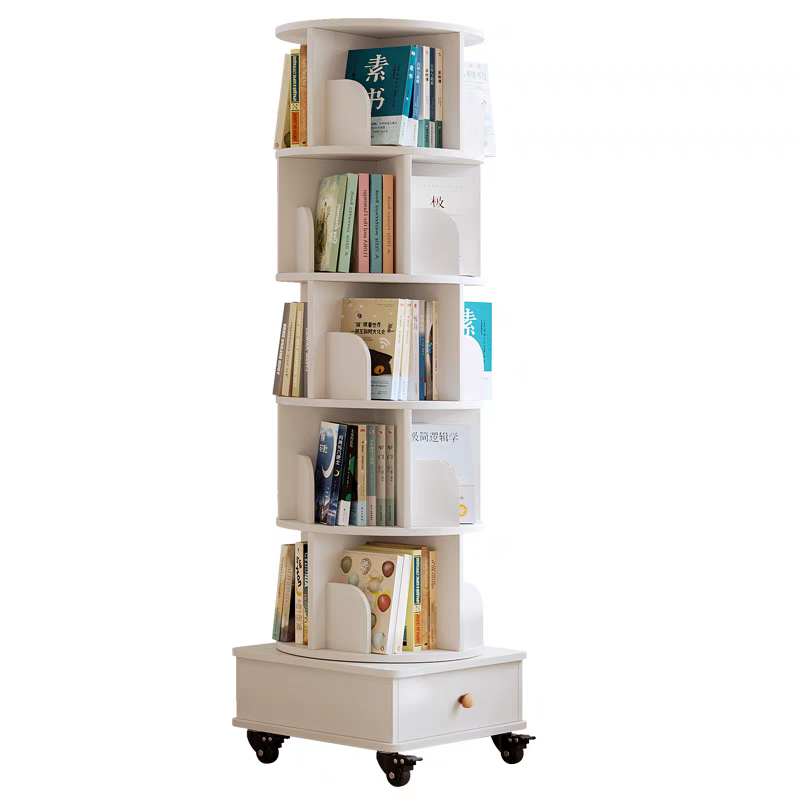 Rotating Wooden Bookcase with Storage Drawer,Swivel Design: White / 5-Tier