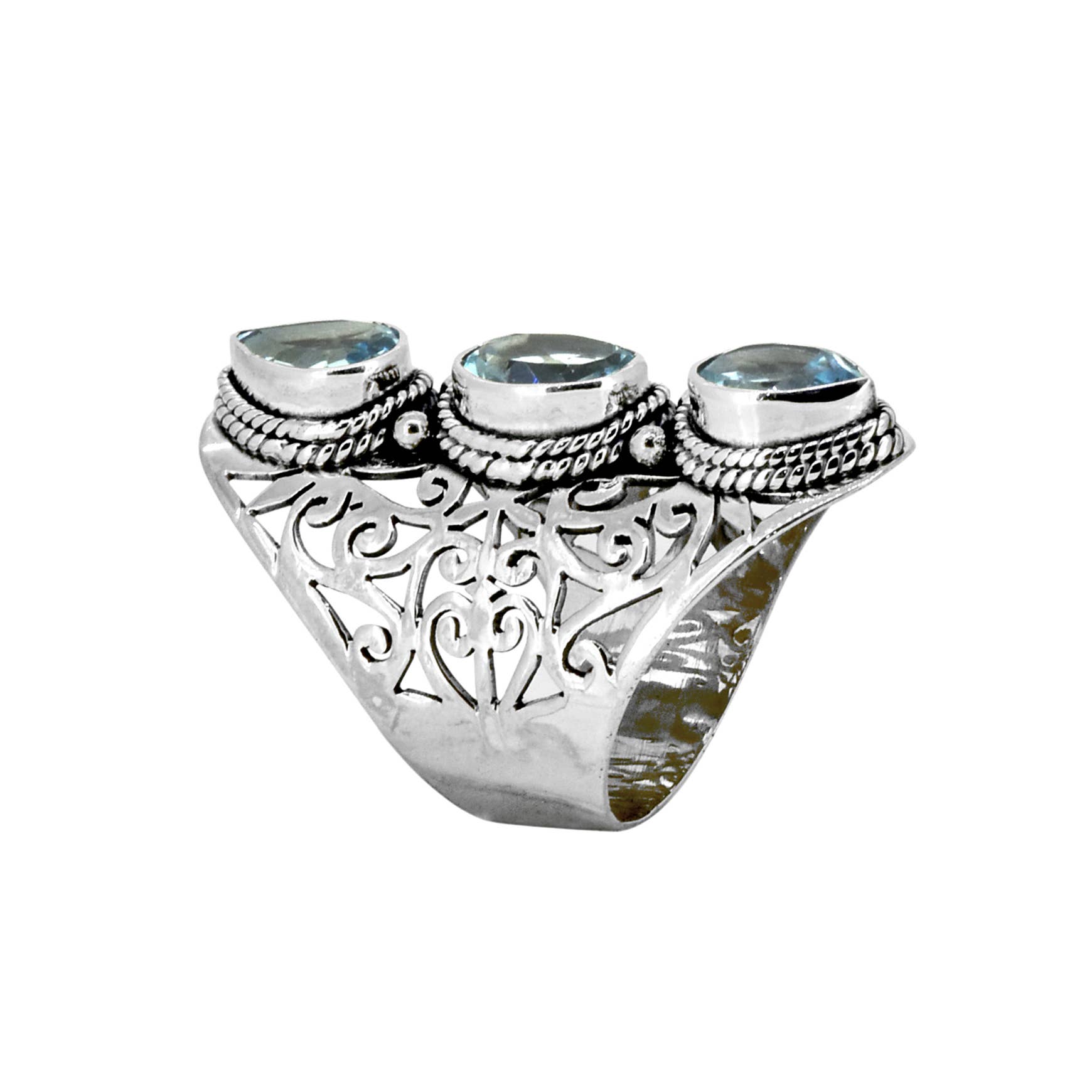 925 Silver Triple Blue Topaz Gem Filigree Precision Ring: 7
