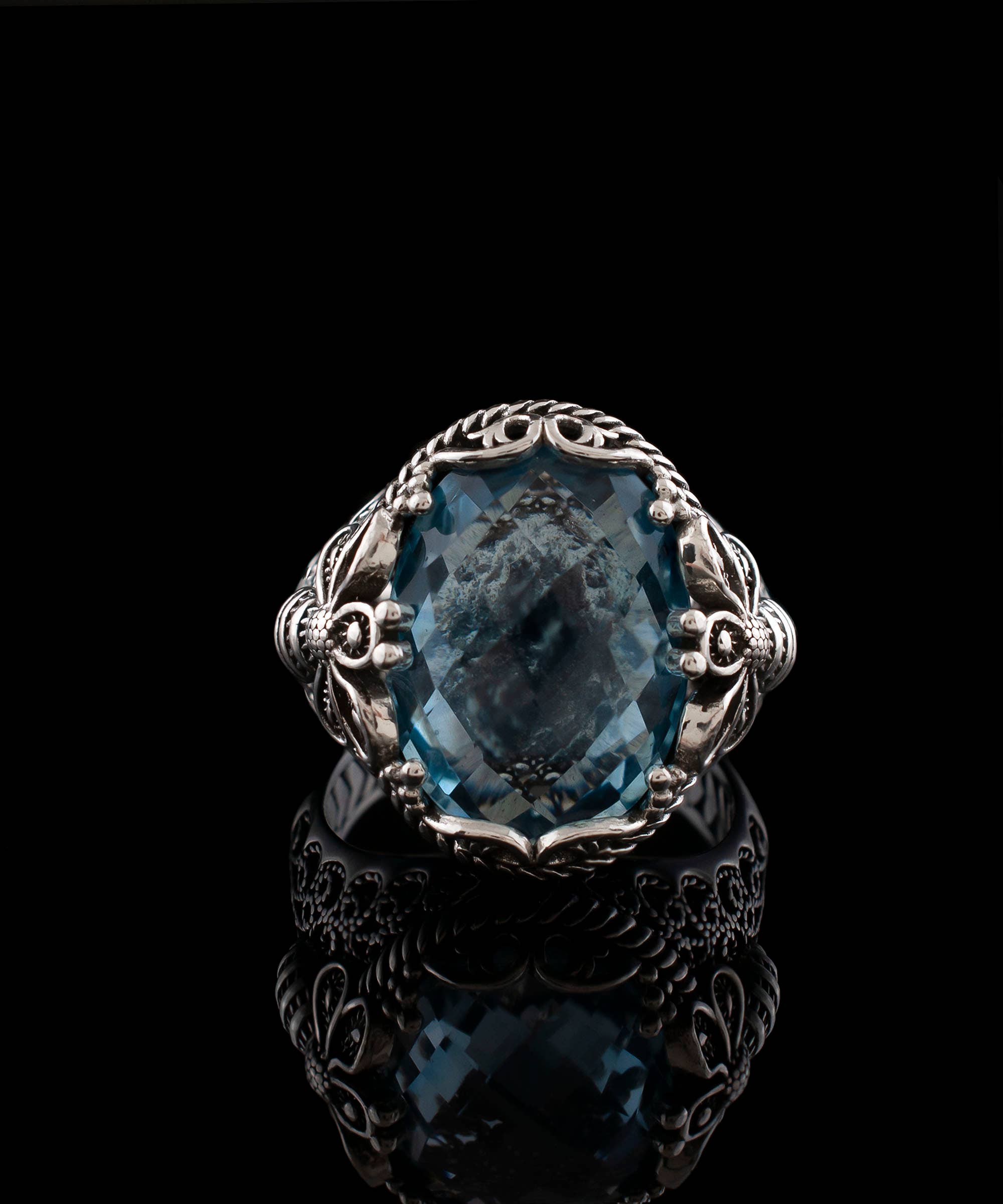 Filigree Art Bee Detailed Sky Blue Topaz Gemstone Women Sterling Silver Ring: 7