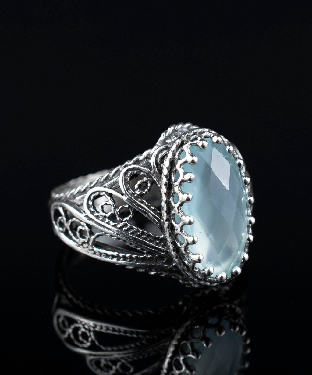 Filigree Art Aqua Chalcedony Gemstone Angel Wings Women Sterling Silver Ring: Aqua Chalcedony / 7