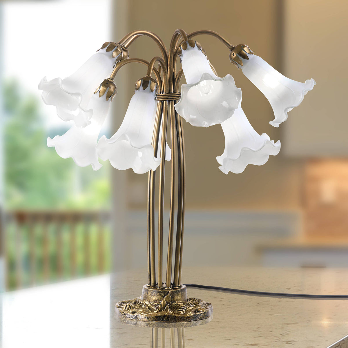 21" Lily 10-Light Antique Brass and White Glass Table Lamp