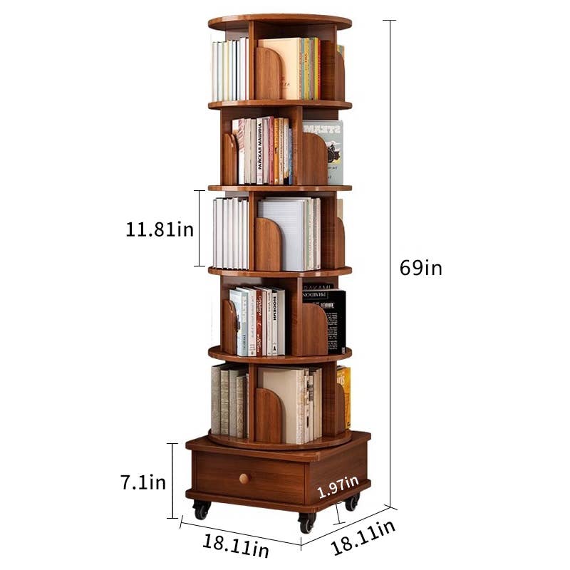 Rotating Wooden Bookcase with Storage Drawer,Swivel Design: White / 5-Tier
