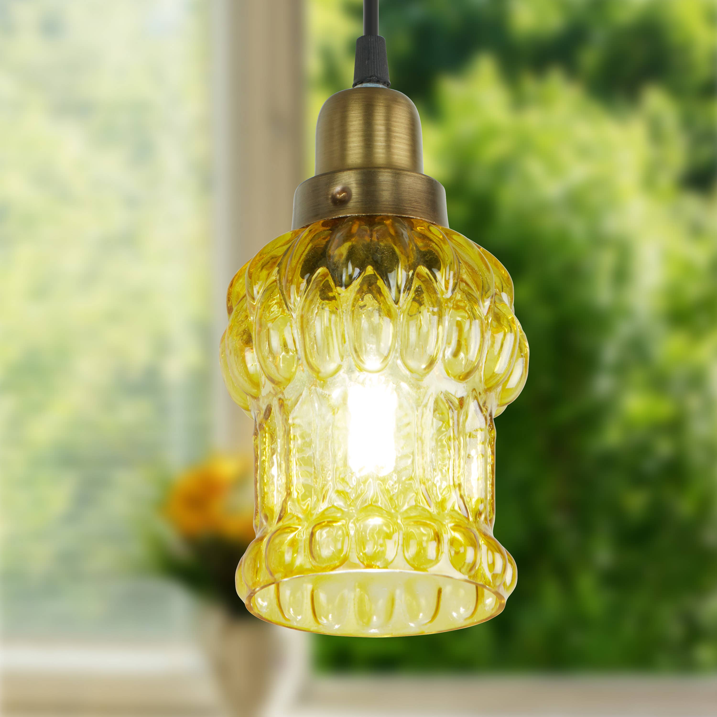 4.5"W 1-Light Gillian Glass and Metal Pendant: Yellow