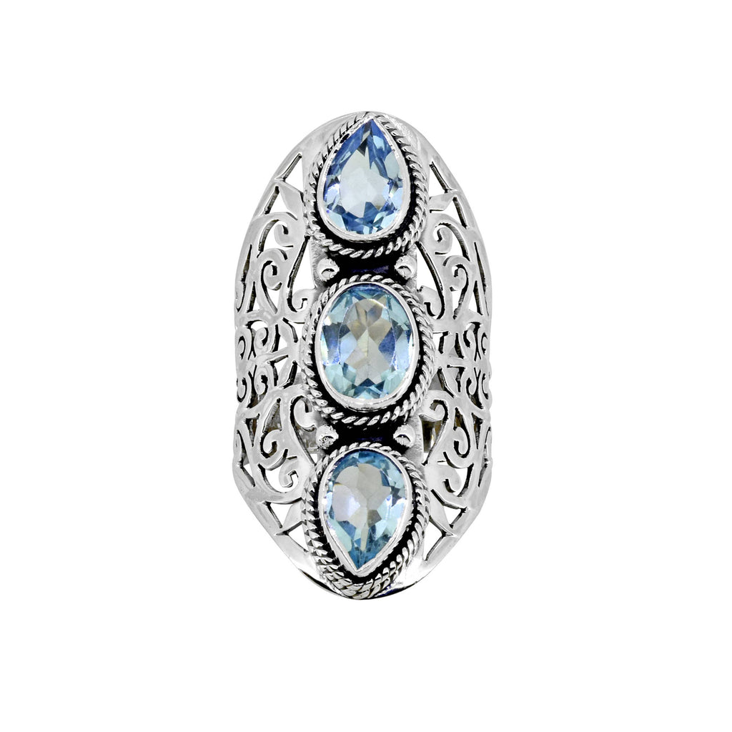 925 Silver Triple Blue Topaz Gem Filigree Precision Ring: 7