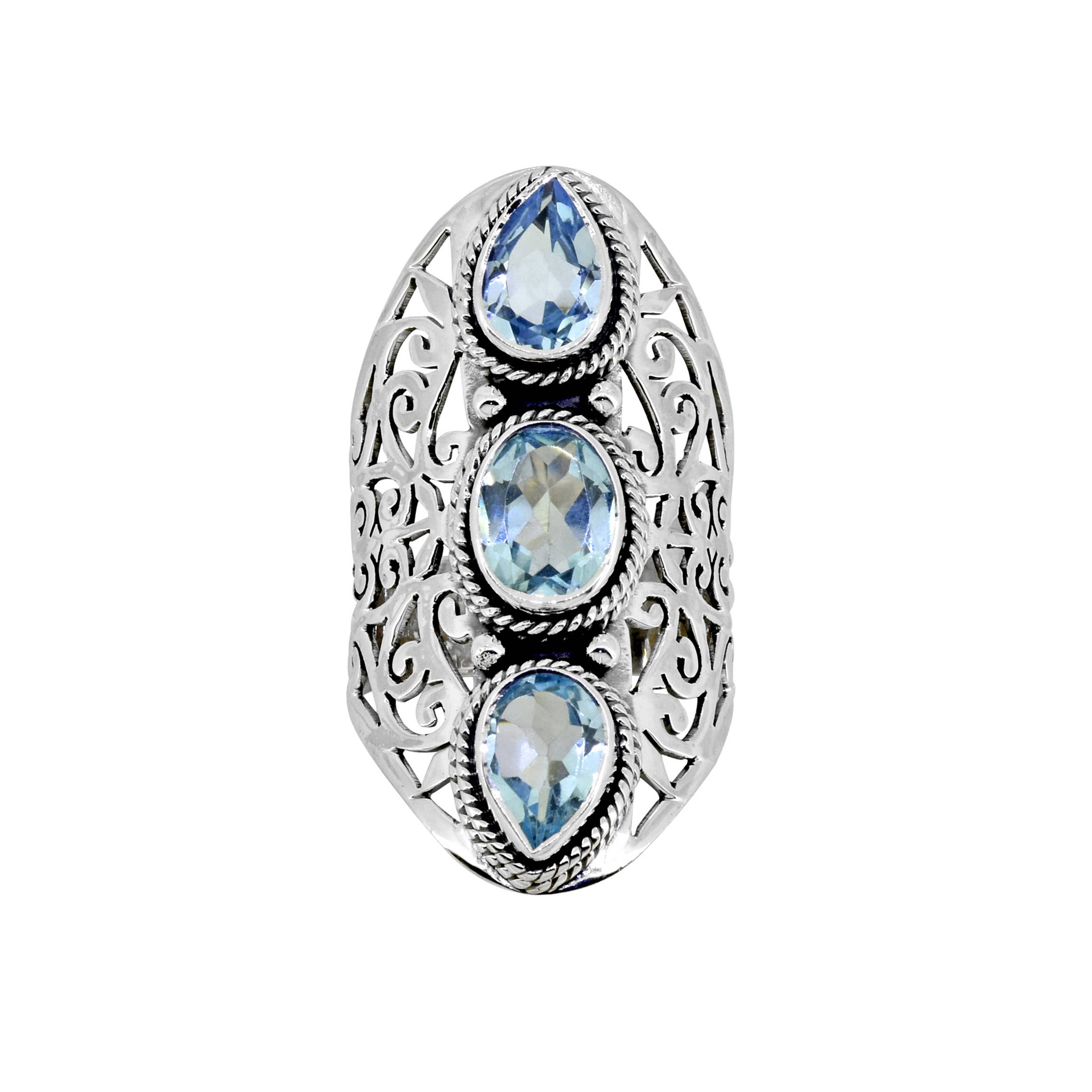 925 Silver Triple Blue Topaz Gem Filigree Precision Ring: 7