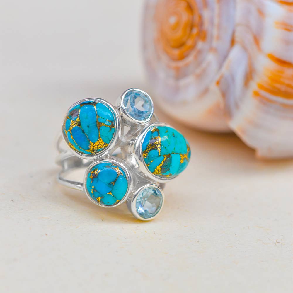 Blue Turquoise & Topaz  925 Sterling Silver Cocktail Ring: 7