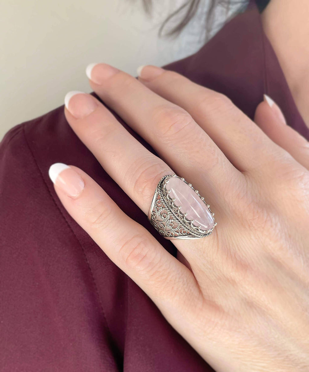 Filigree Art Rose Quartz Gemstone Women Sterling Silver Long Statement Ring: Rose Quartz / 7.5