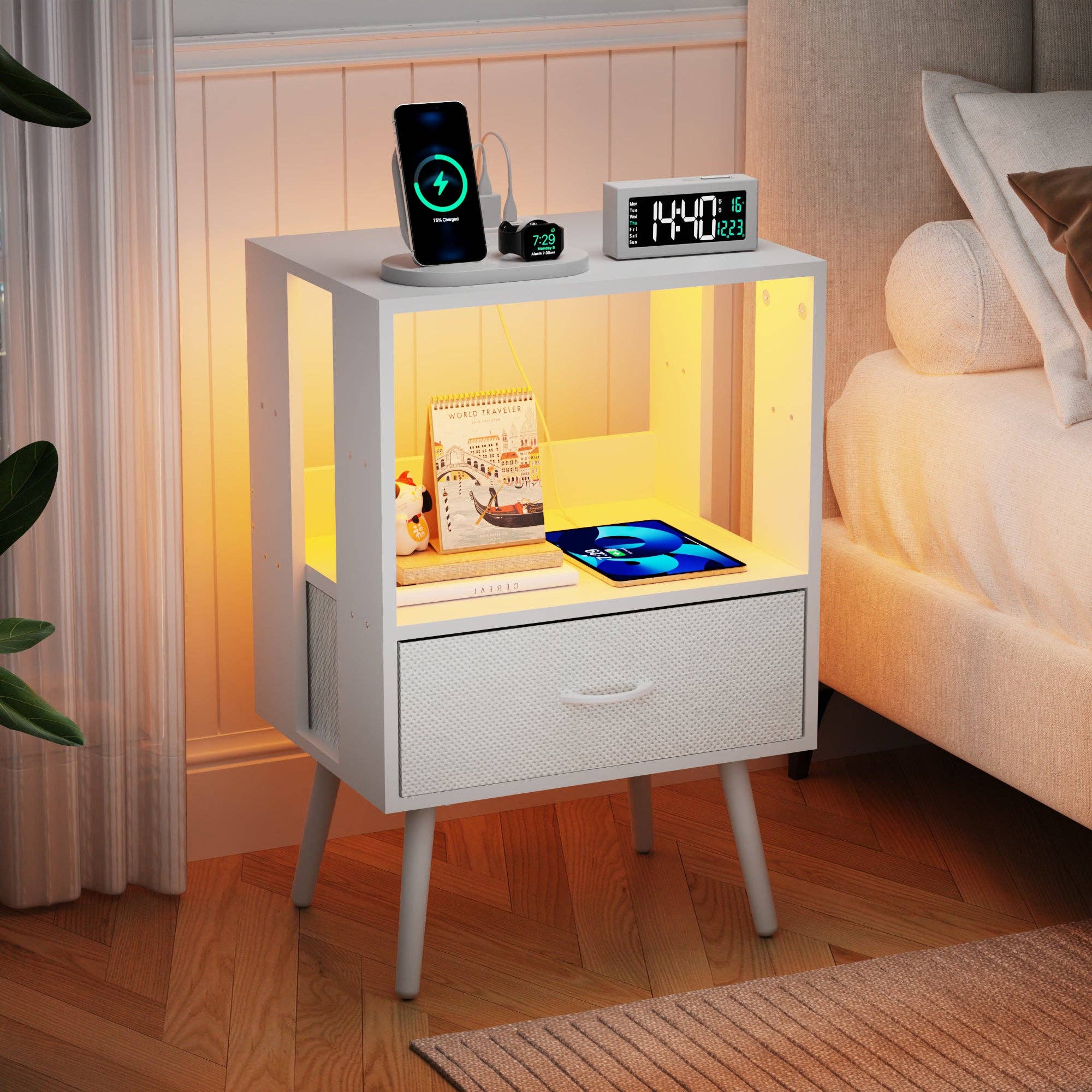 2-Pack Modern Nightstand with Charging Station, White: Default