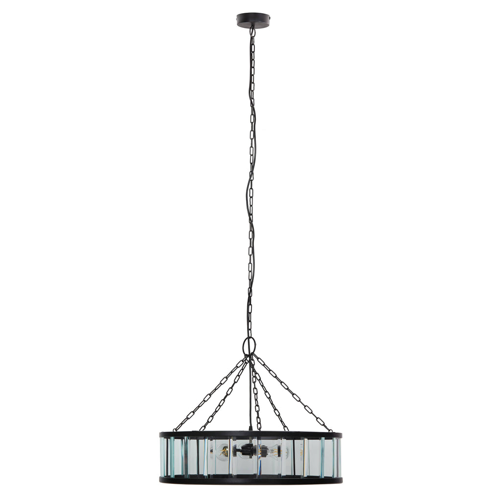 25"W 3-Light Black Metal and Glass Hanging Pendant Lamp