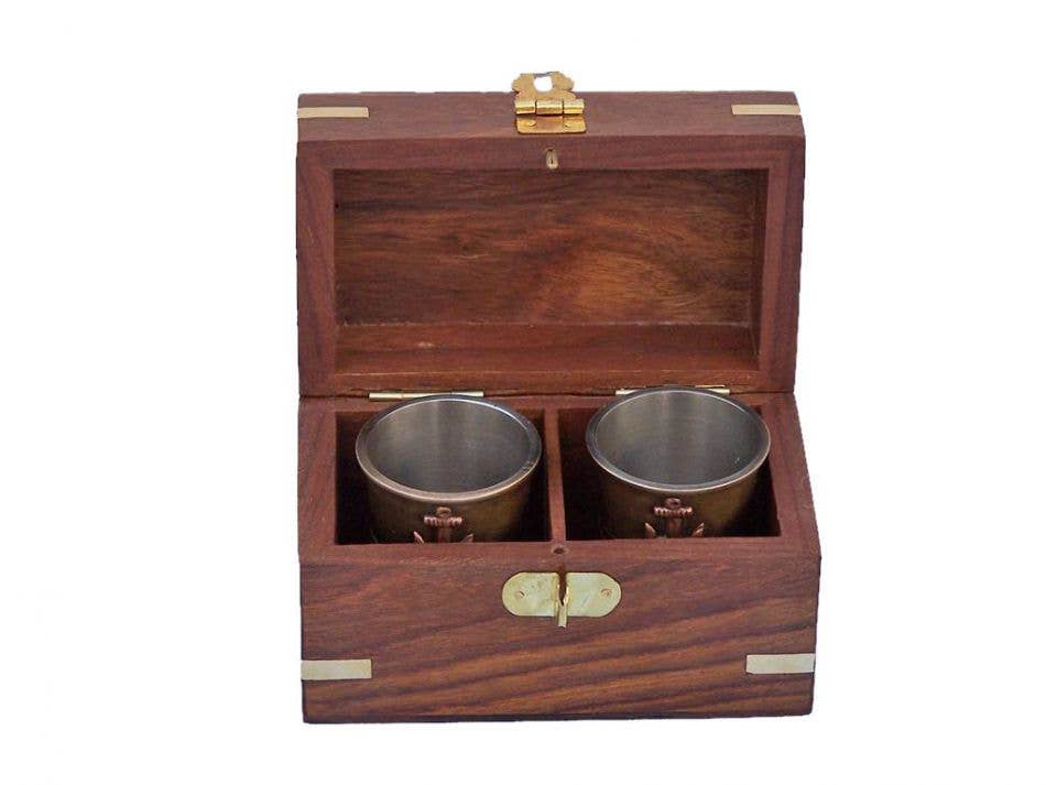 Antique Brass Anchor Shot Glasses With Rosewood Box 4" - Set