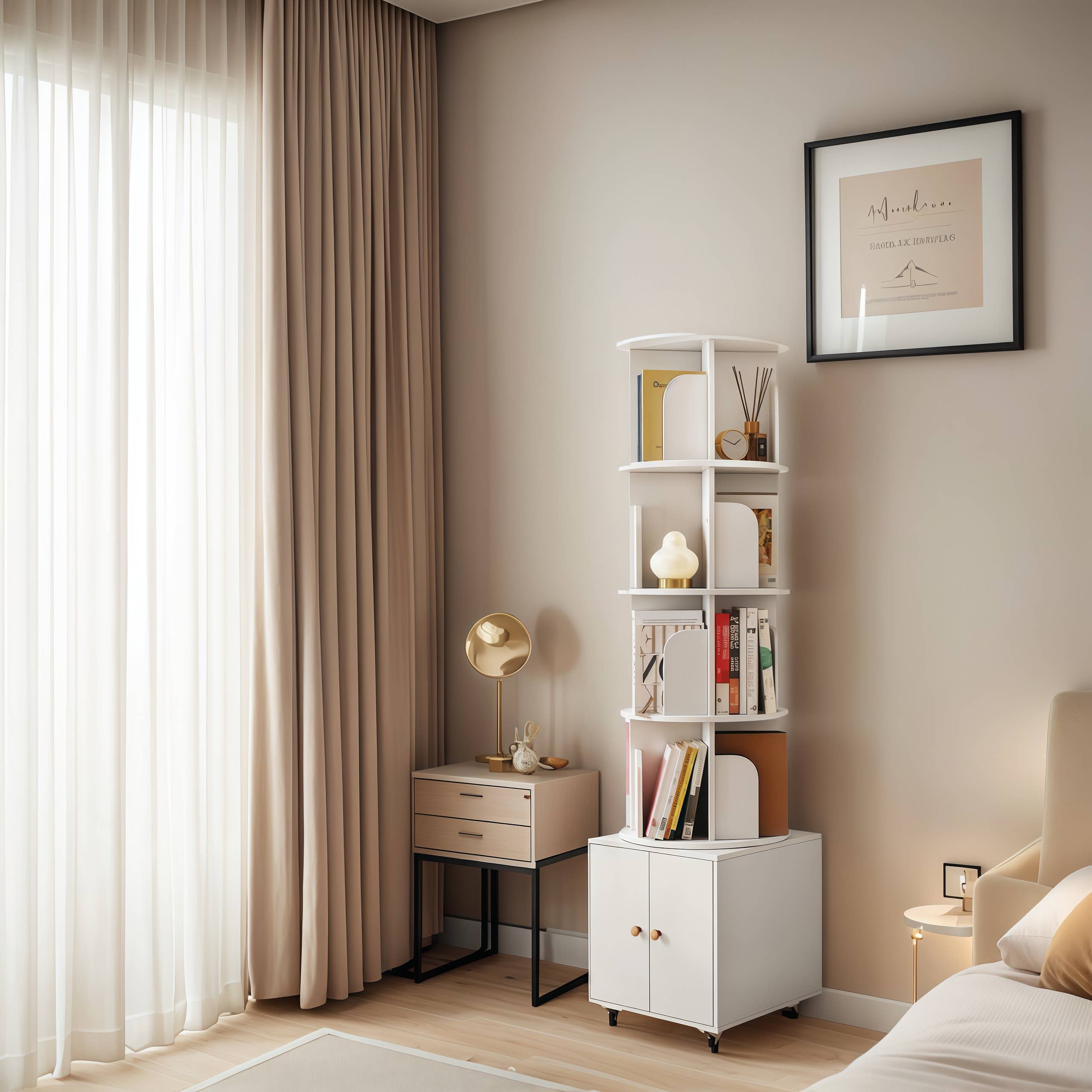 Rotating Wooden Bookcase with Storage Drawer,Swivel Design: White / 5-Tier