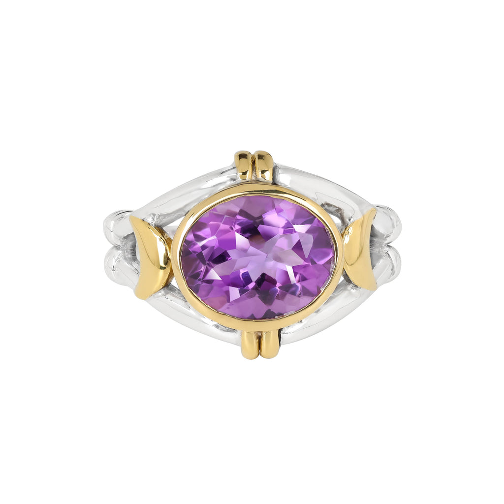 Two-Tone Oval Amethyst 925 Sterling Silver Solitaire Ring: 9