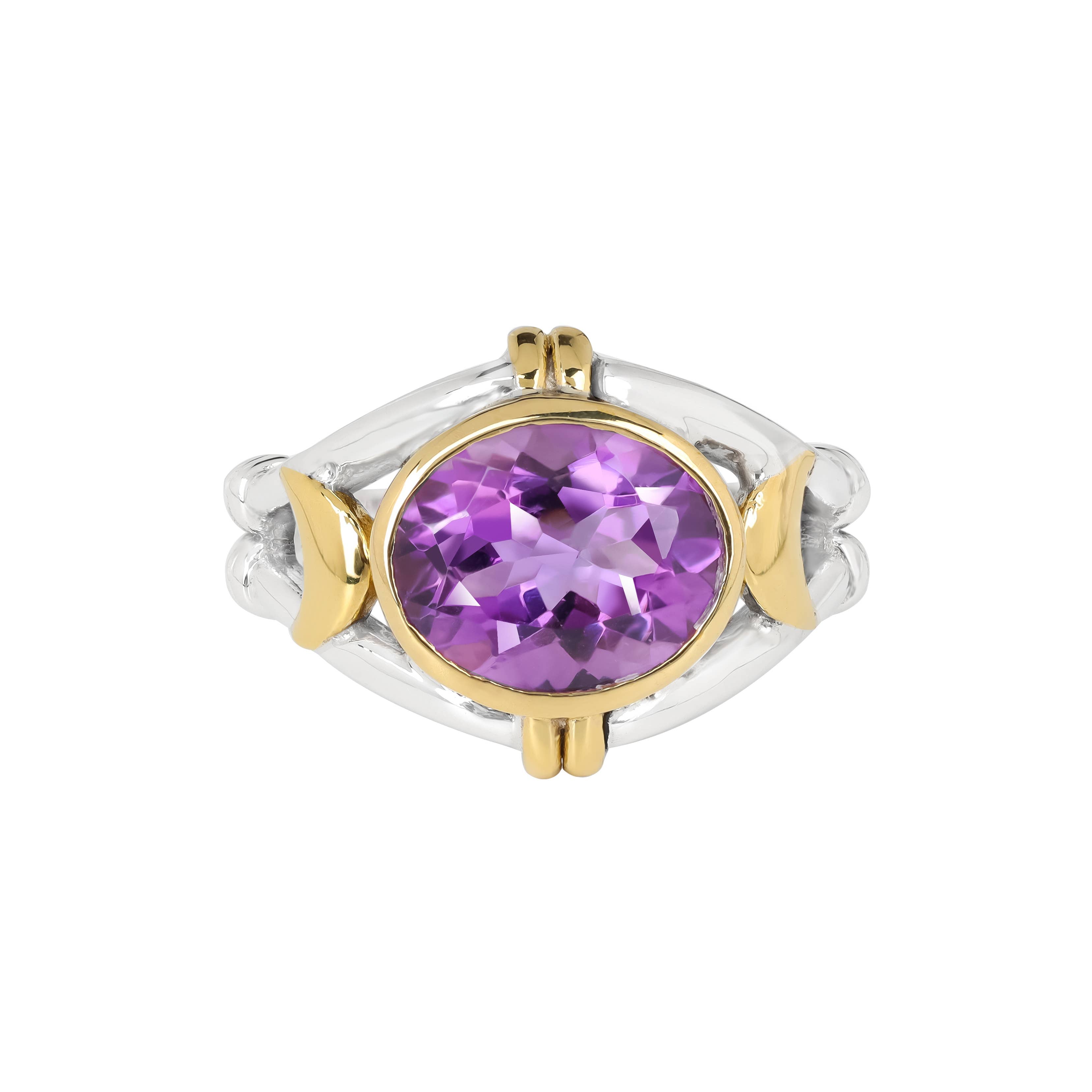 Two-Tone Oval Amethyst 925 Sterling Silver Solitaire Ring: 9
