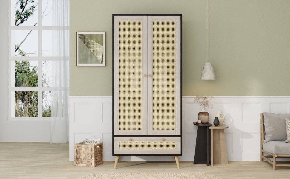71inH Boho Rattan Armoire Wardrobe with Drawer Natural Black: Default
