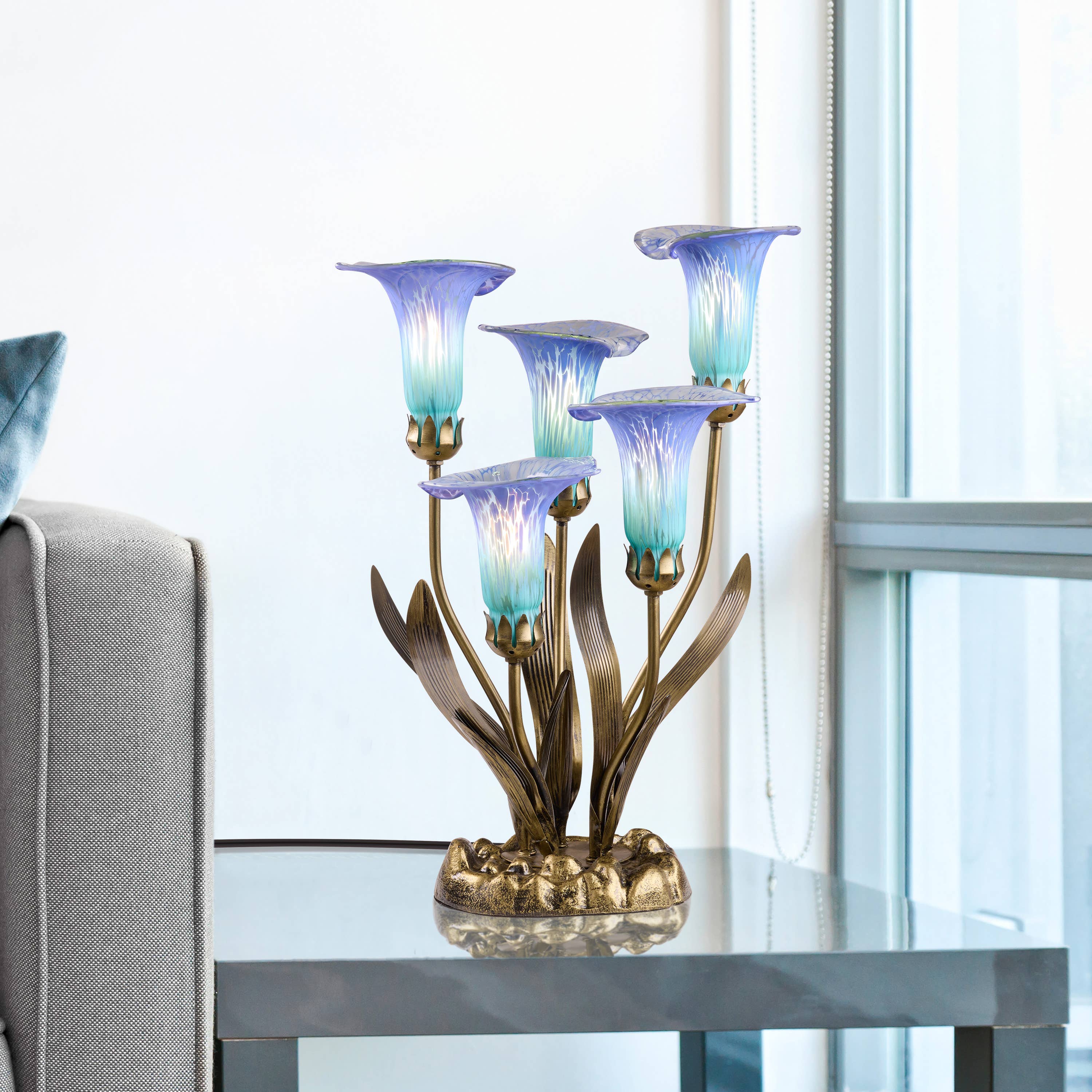 20"H Teal Hand Blown Glass 5 Calla Lily Uplight Table Lamp