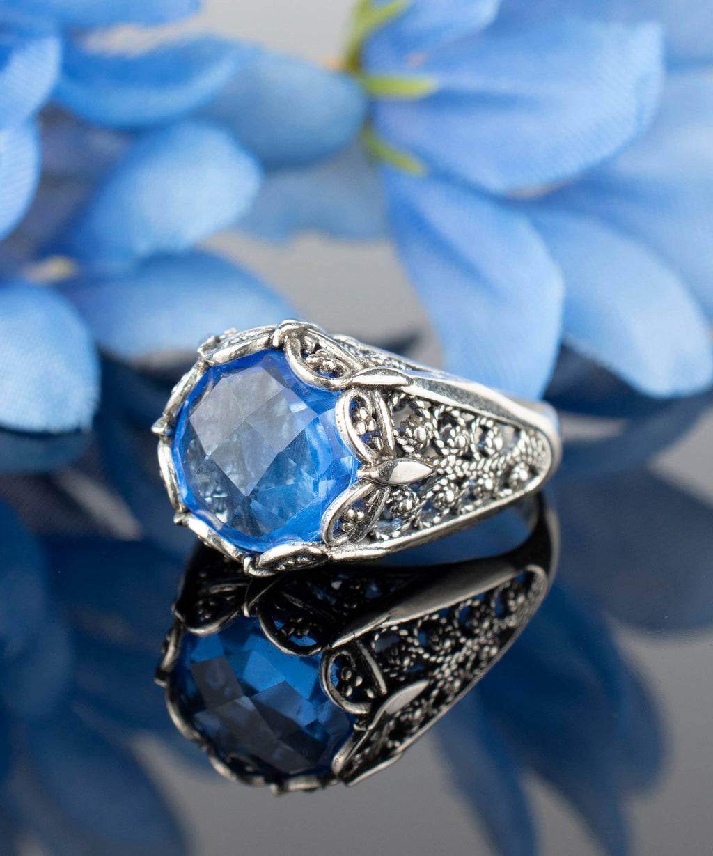 Art Blue Quartz Gemstone Women Silver Ring: 7