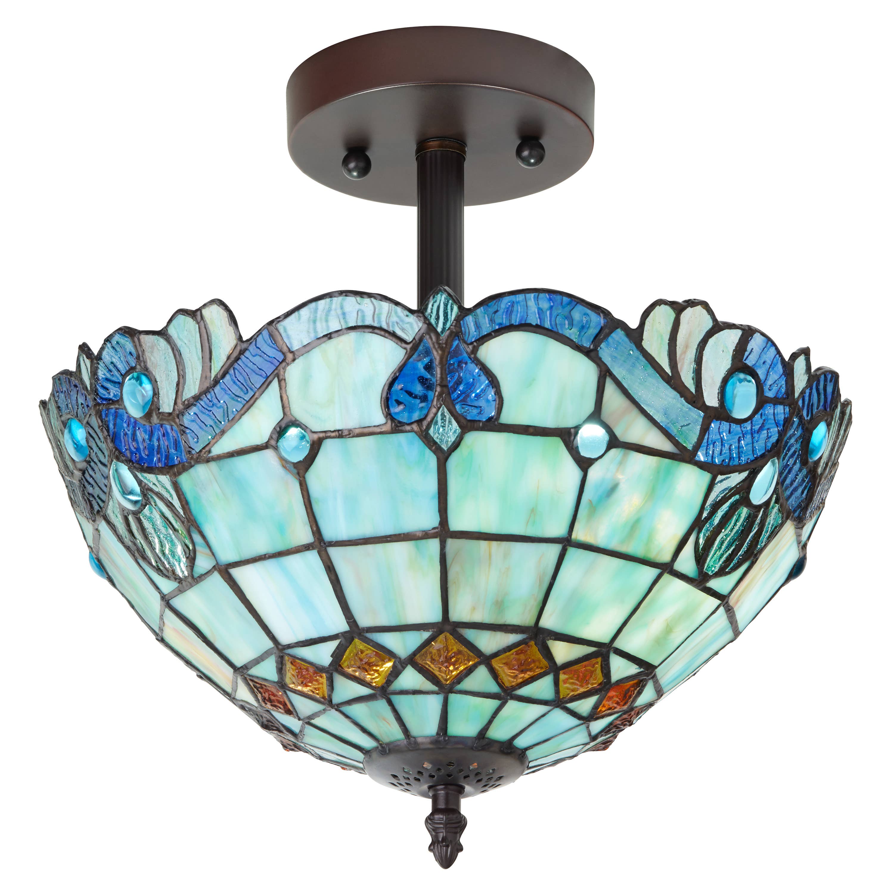 13"H Amelia Blue and Amber Stained Glass Shade Ceiling Light
