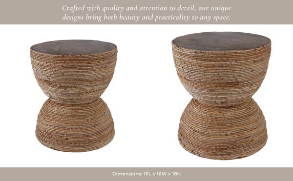 End Table - Brown Wood Woven Banana Leaf Design, 18 in.