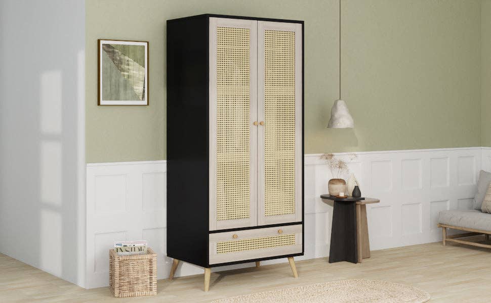 71inH Boho Rattan Armoire Wardrobe with Drawer Natural Black: Default