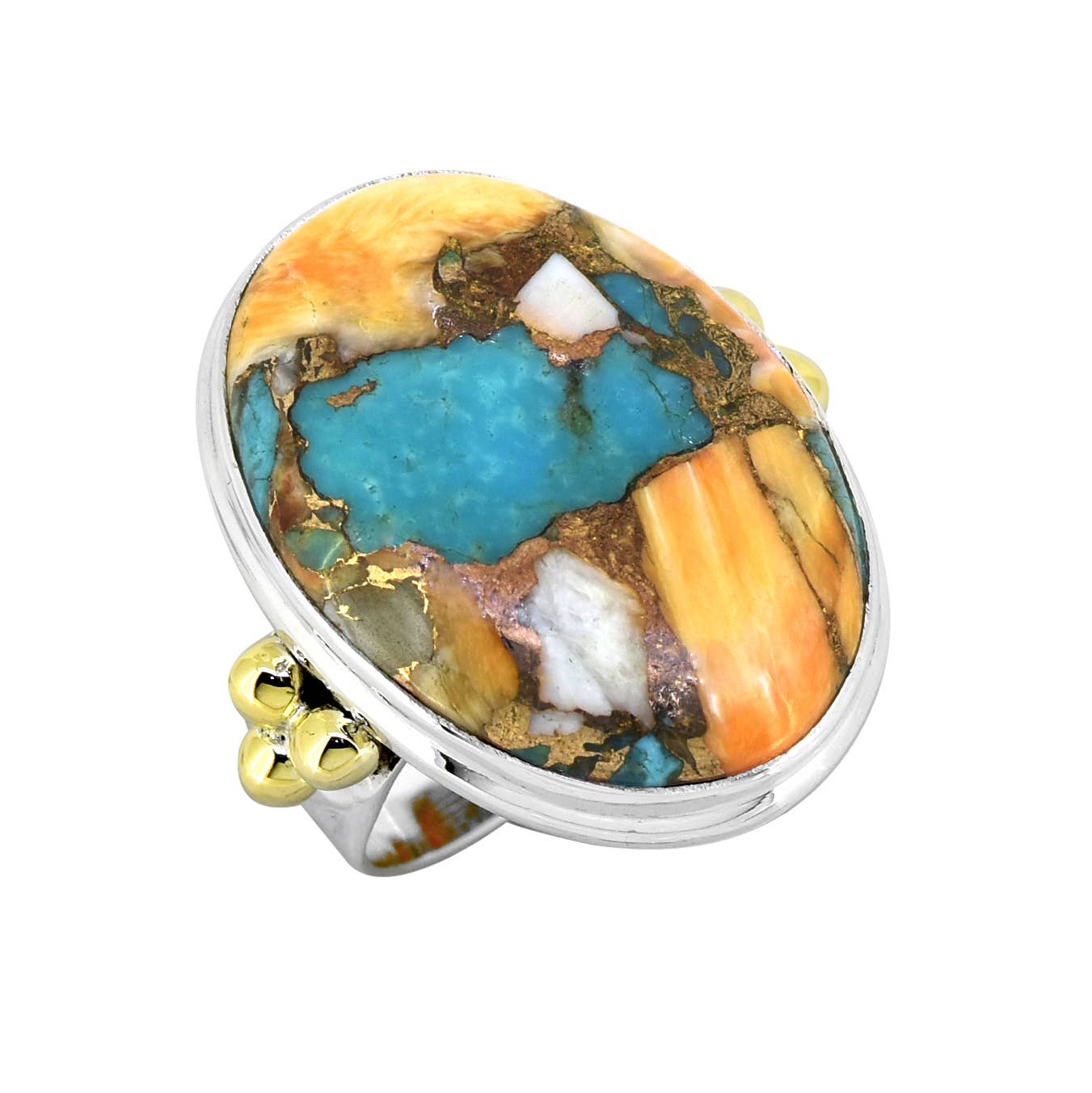 925 Sterling Silver & Brass Oyster Turquoise Statement Ring: 7