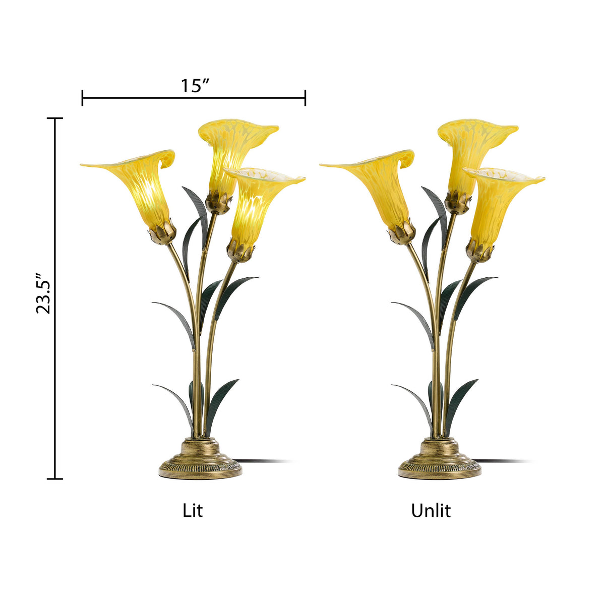 23.5" 3-Light Yellow Handblown Glass Calla Lily Table Lamp