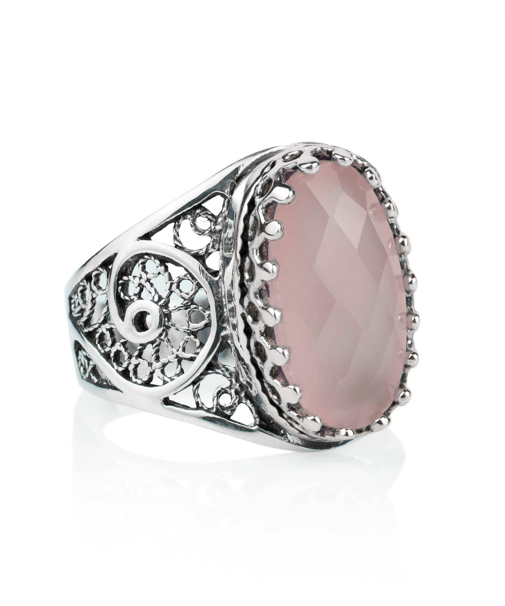 Art Pink Chalcedony Gemstone Women Silver Ring: Pink Chalcedony / 7