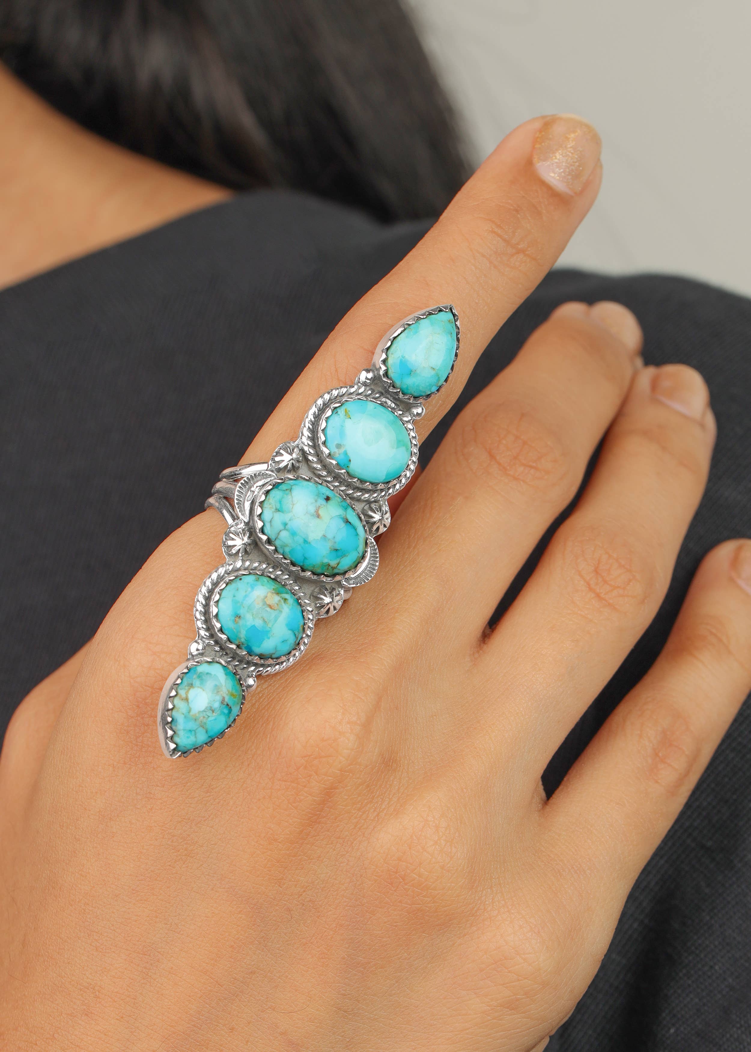 Silver Plated Turquoise Multi-Stone Statement Ring: 7