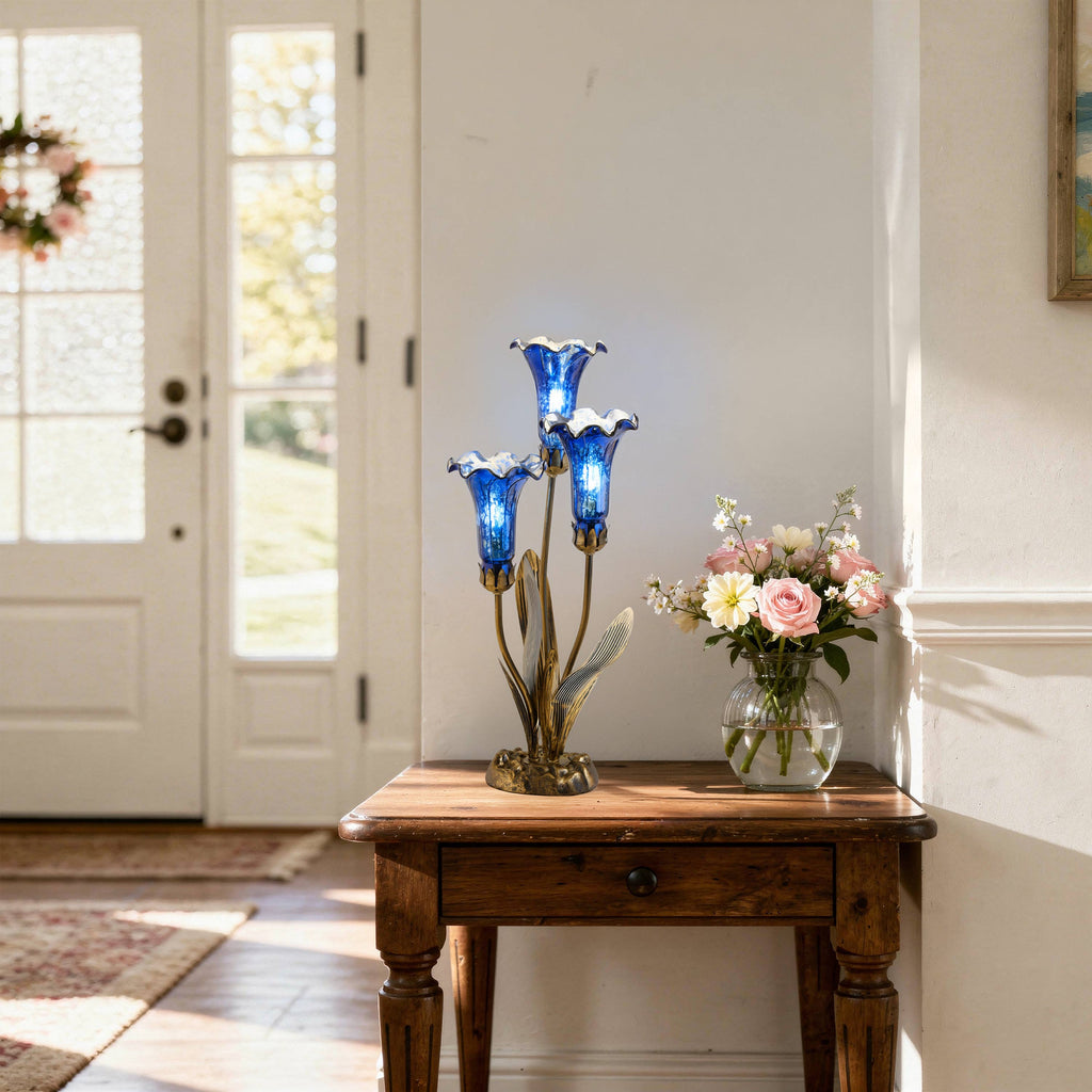 21" 3-Light Blue Mercury Glass Lily Table Lamp