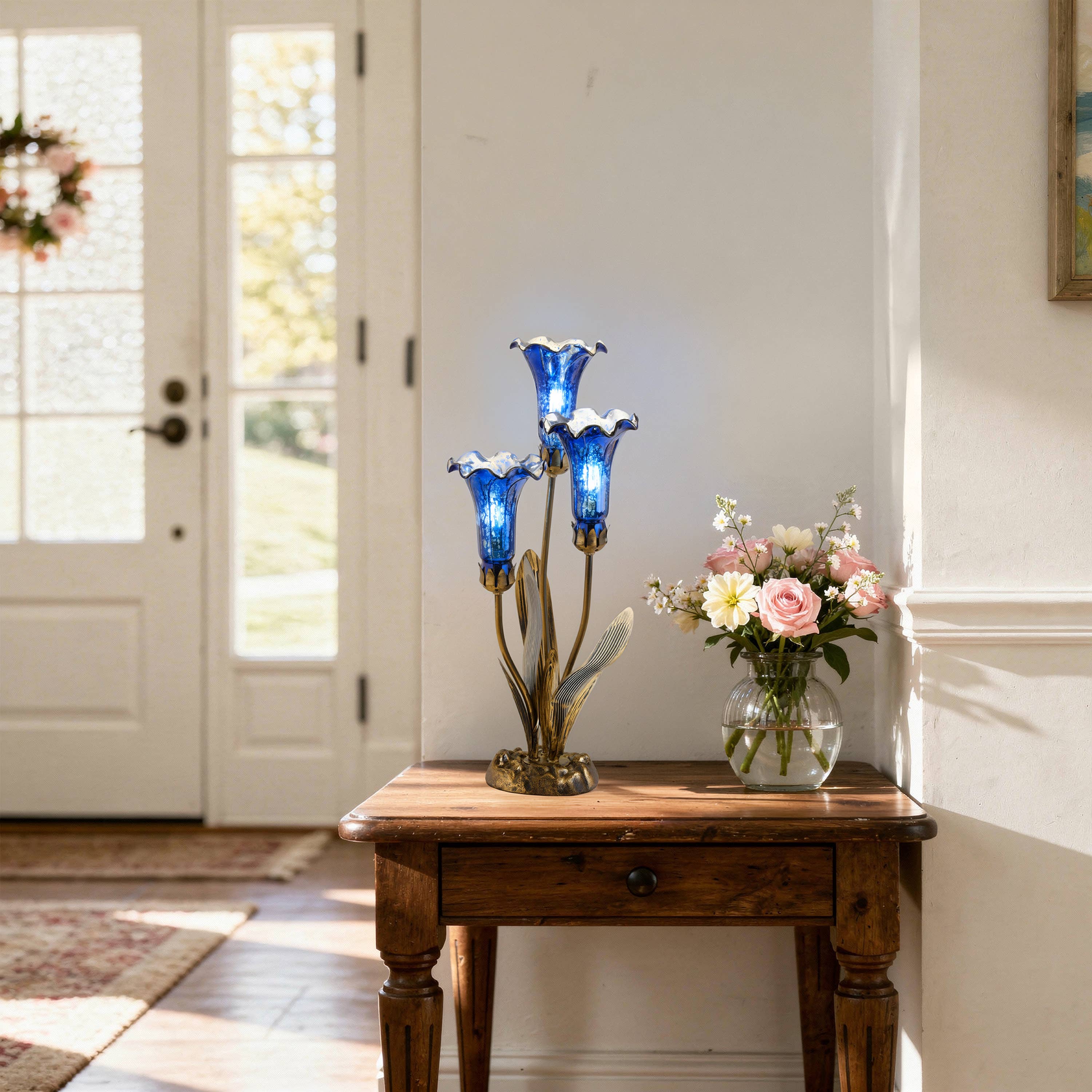 21" 3-Light Blue Mercury Glass Lily Table Lamp