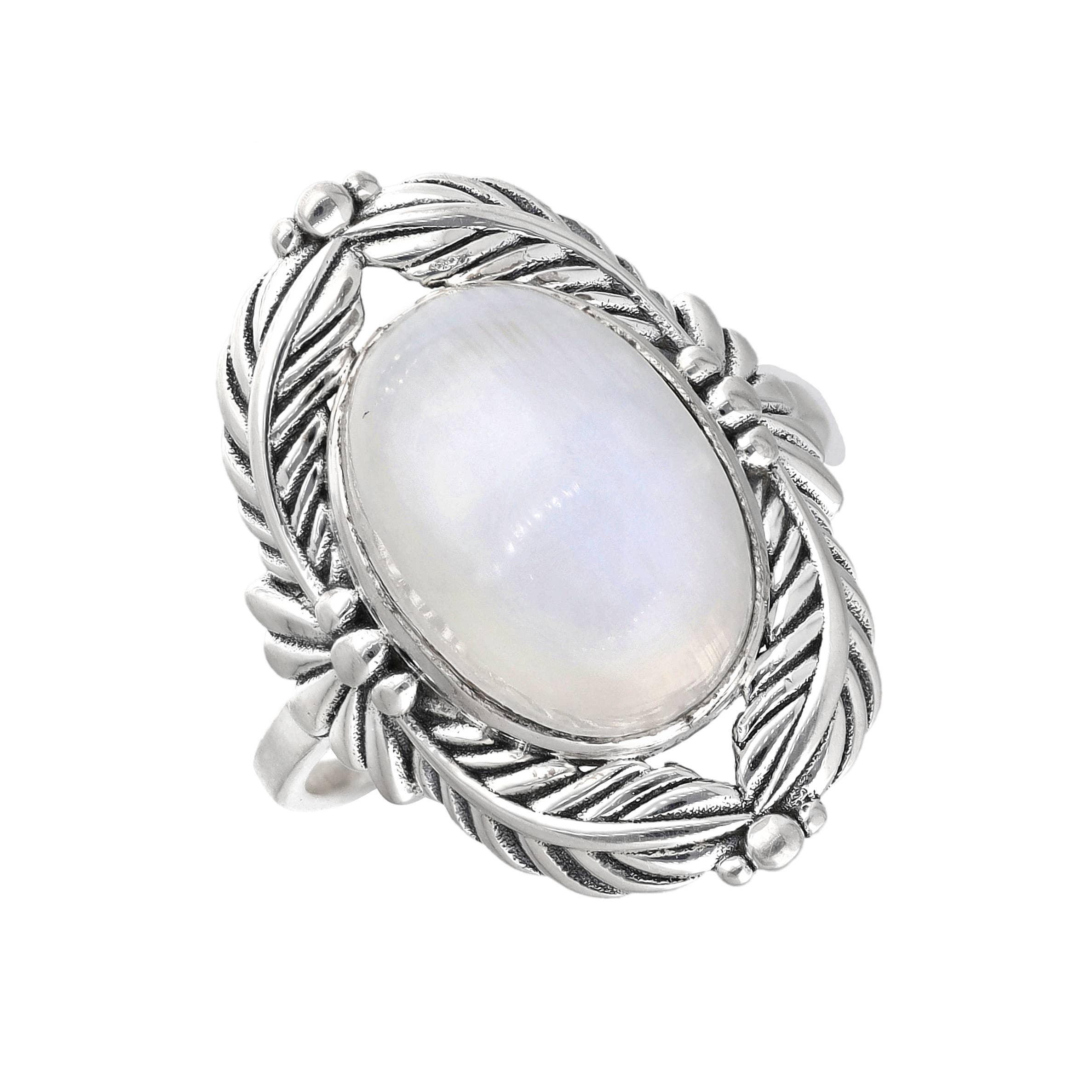 Moonstone Sterling Silver Leaf Style Solitaire Ring: 7