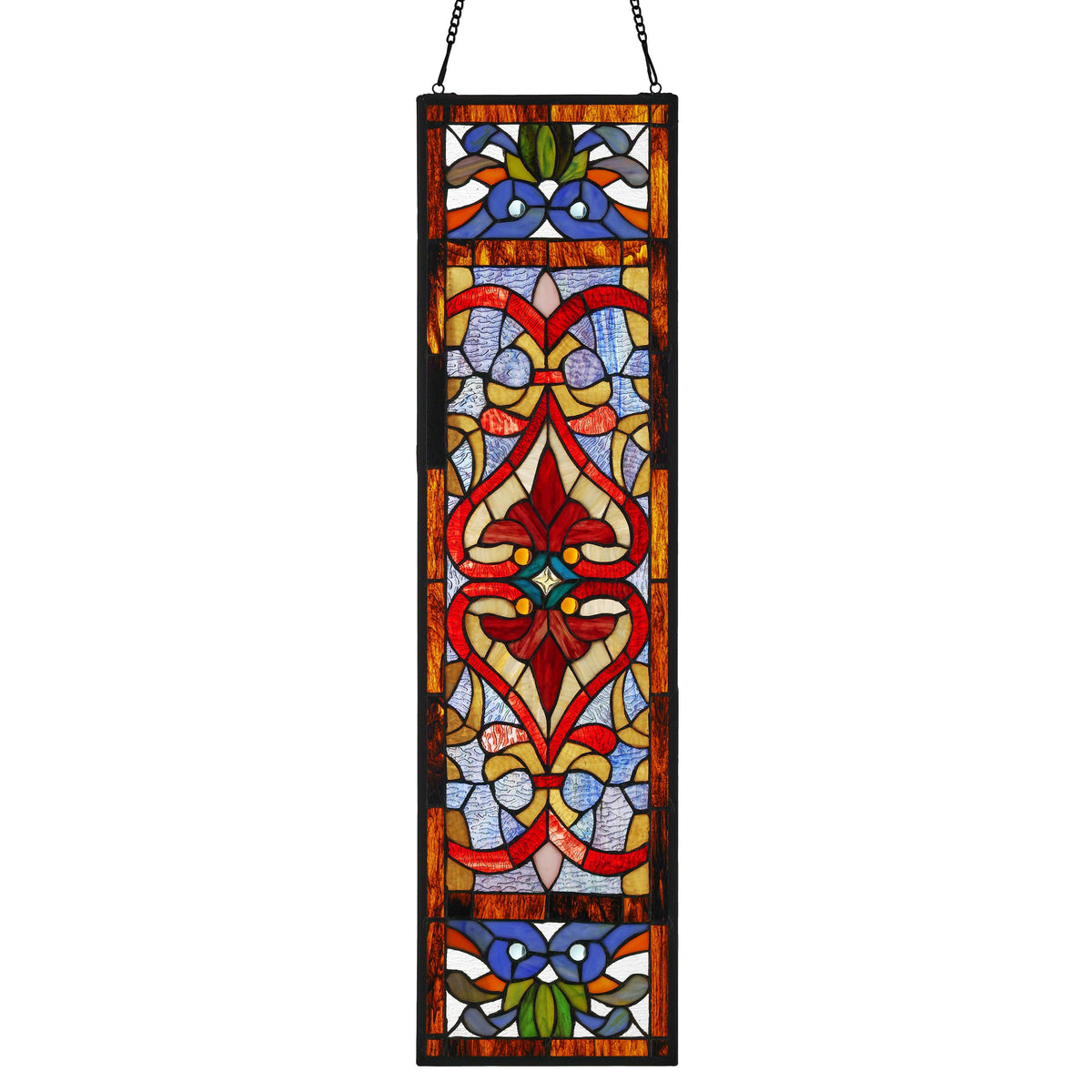 36" Lani Victorian Fleur-De-Lis Stained Glass Window Panel: Blue