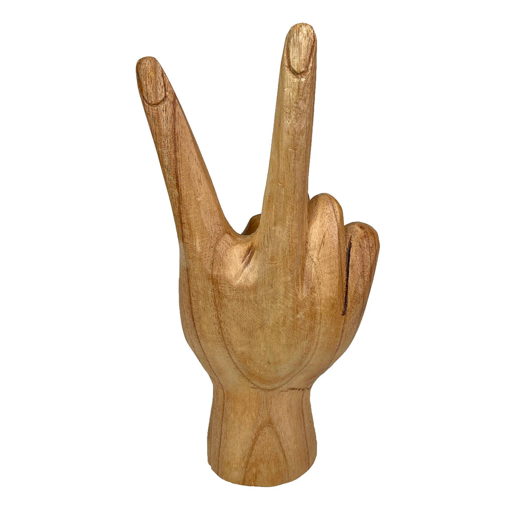 Carved Wood Peace Sign Hand Gesture Statue 7.75 Inch