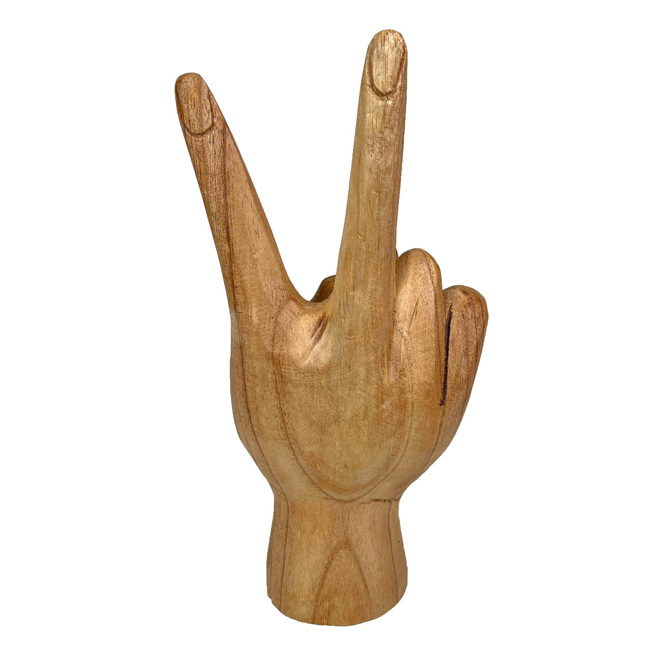 Carved Wood Peace Sign Hand Gesture Statue 7.75 Inch