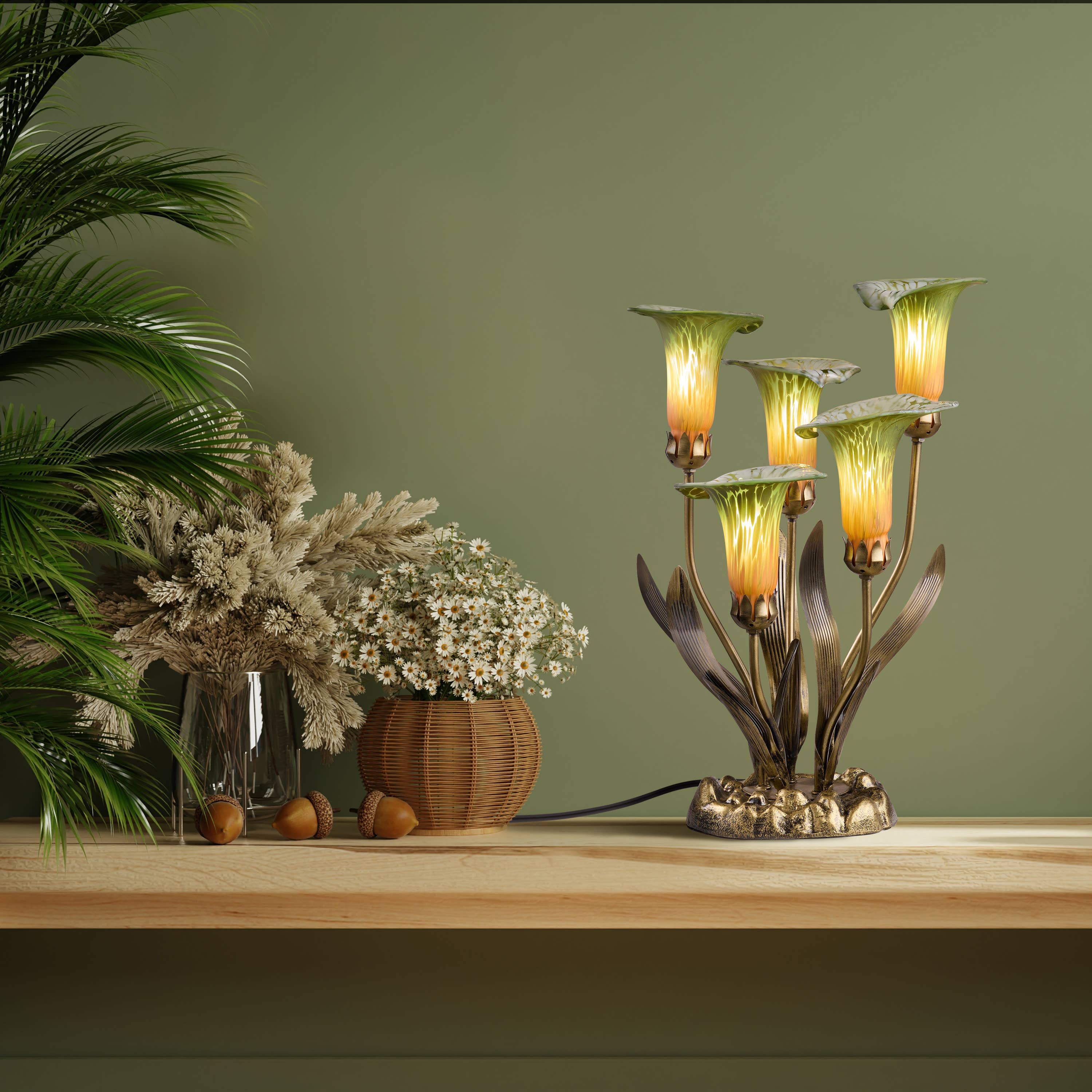 20"H Green Hand Blown Glass 5 Calla Lily Uplight Table Lamp