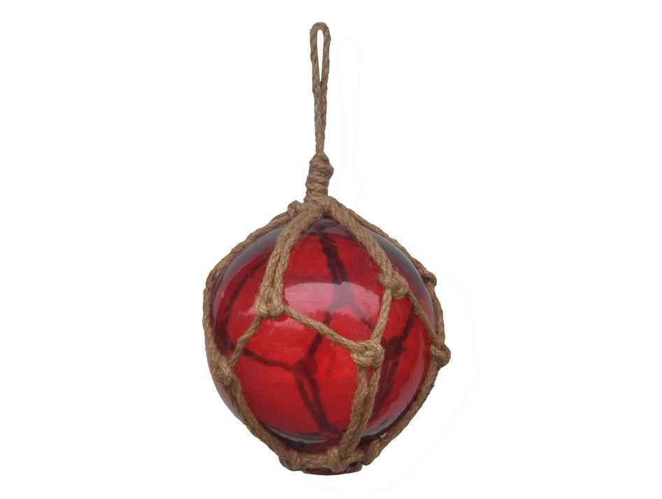 Red Japanese Glass Ball Fishing Float With Brown Netting Decoration 6"