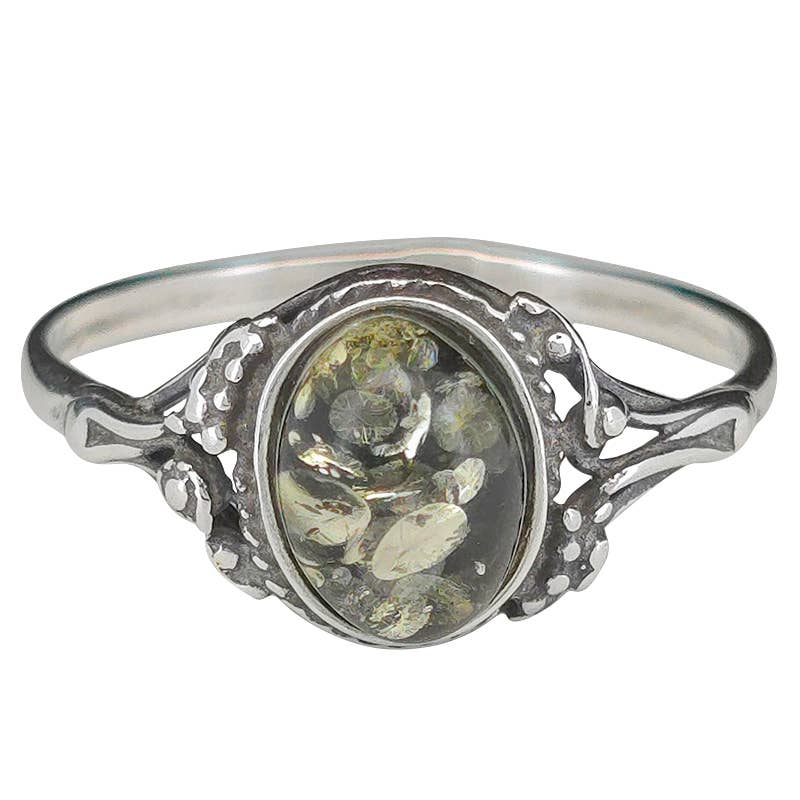 Green Amber Sterling Silver Ring: 9