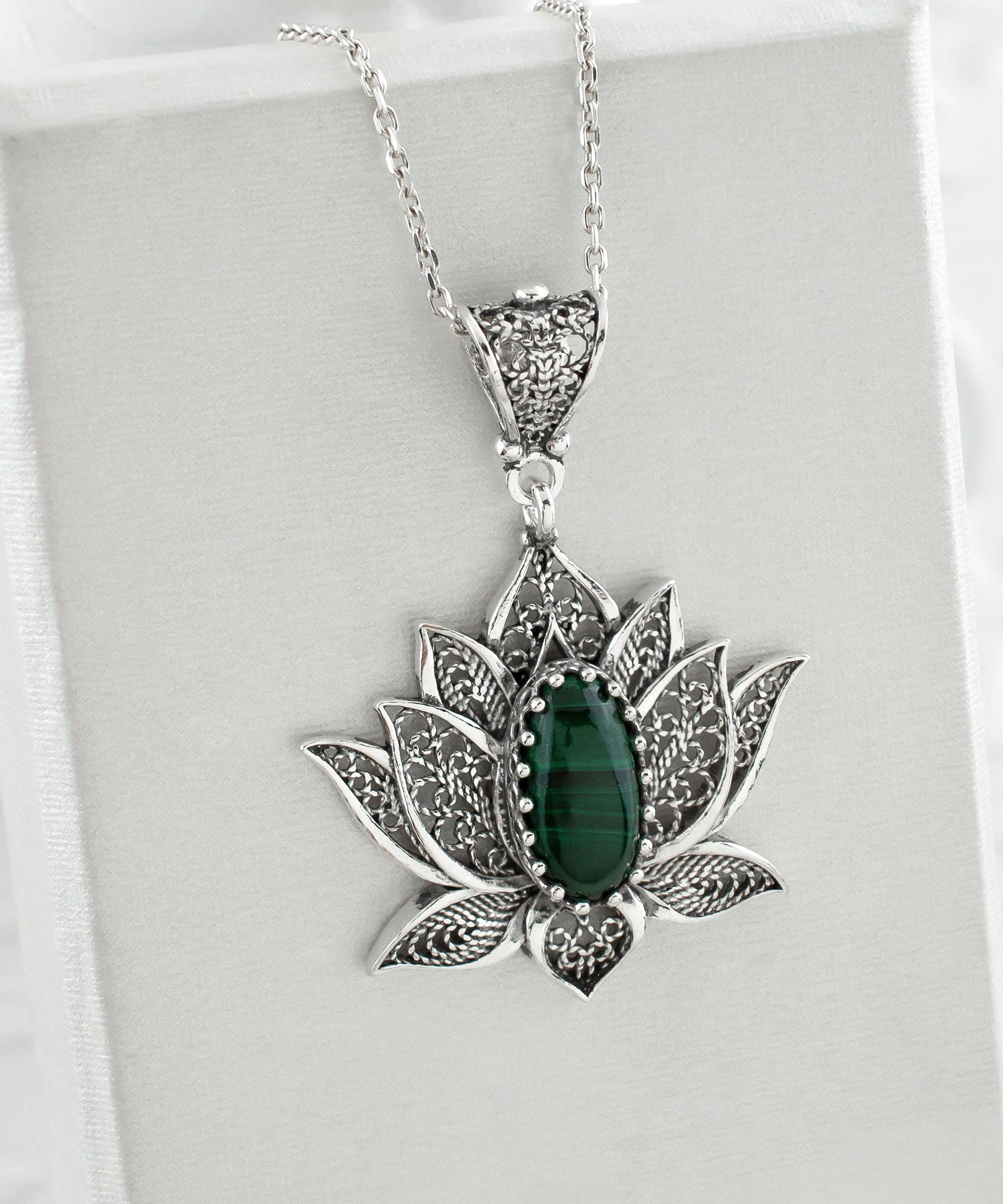 Sterling Silver Filigree Lotus Malachite Gemstone Woman Pendant Necklace: With 20" Silver Chain