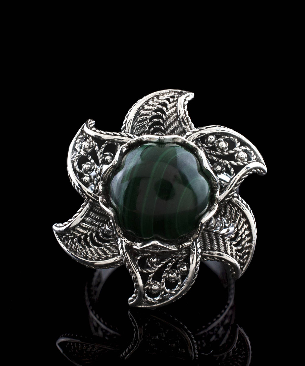 Art Lotus Flower Malachite Gemstone Women Silver Ring: 7