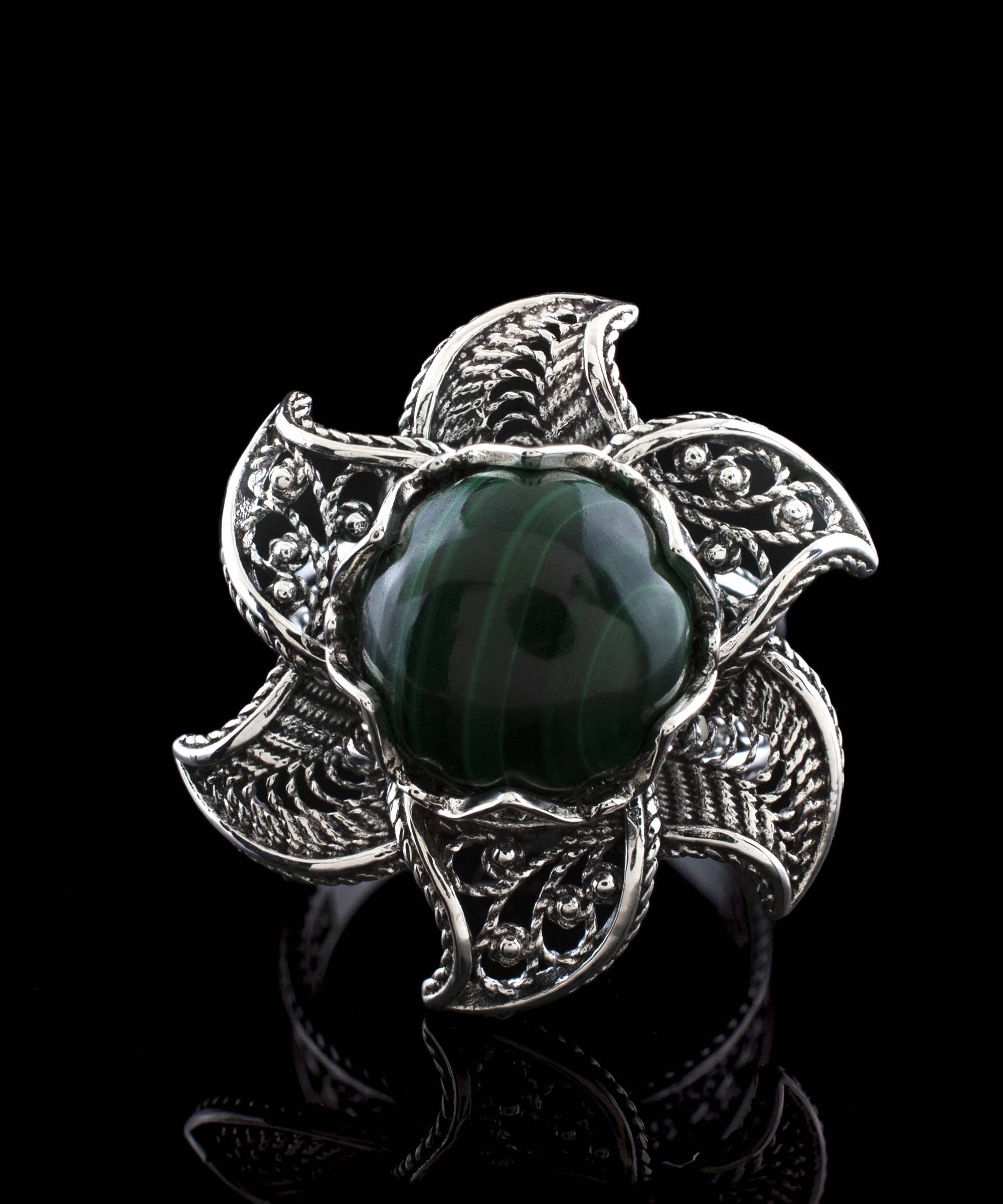 Art Lotus Flower Malachite Gemstone Women Silver Ring: 7