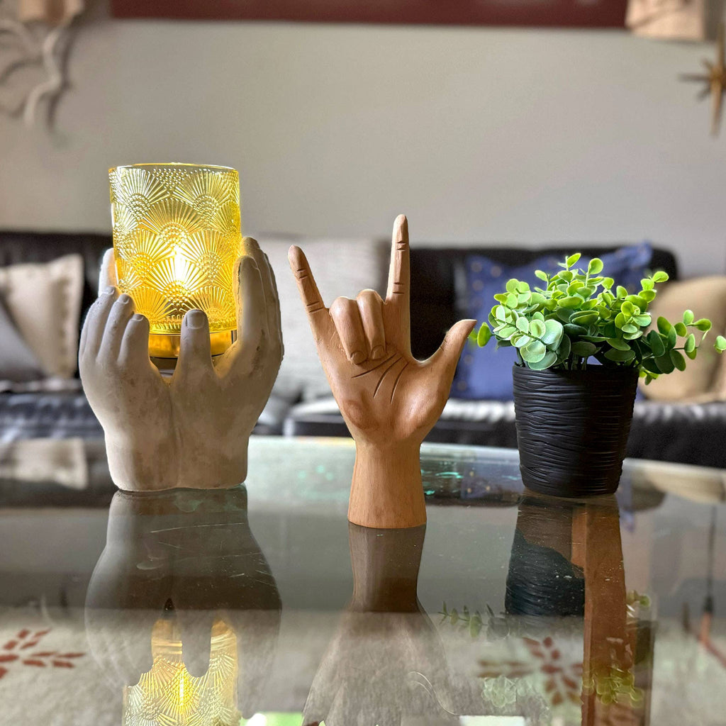 Wooden Sign Language I Love You Hand Gesture Statue 7.75"