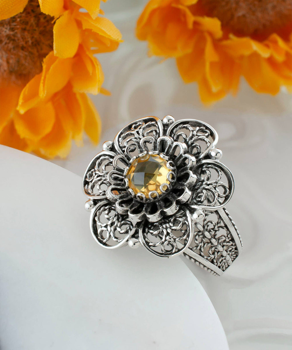 Art Citrine Gemstone Flower Women Silver Ring: 7