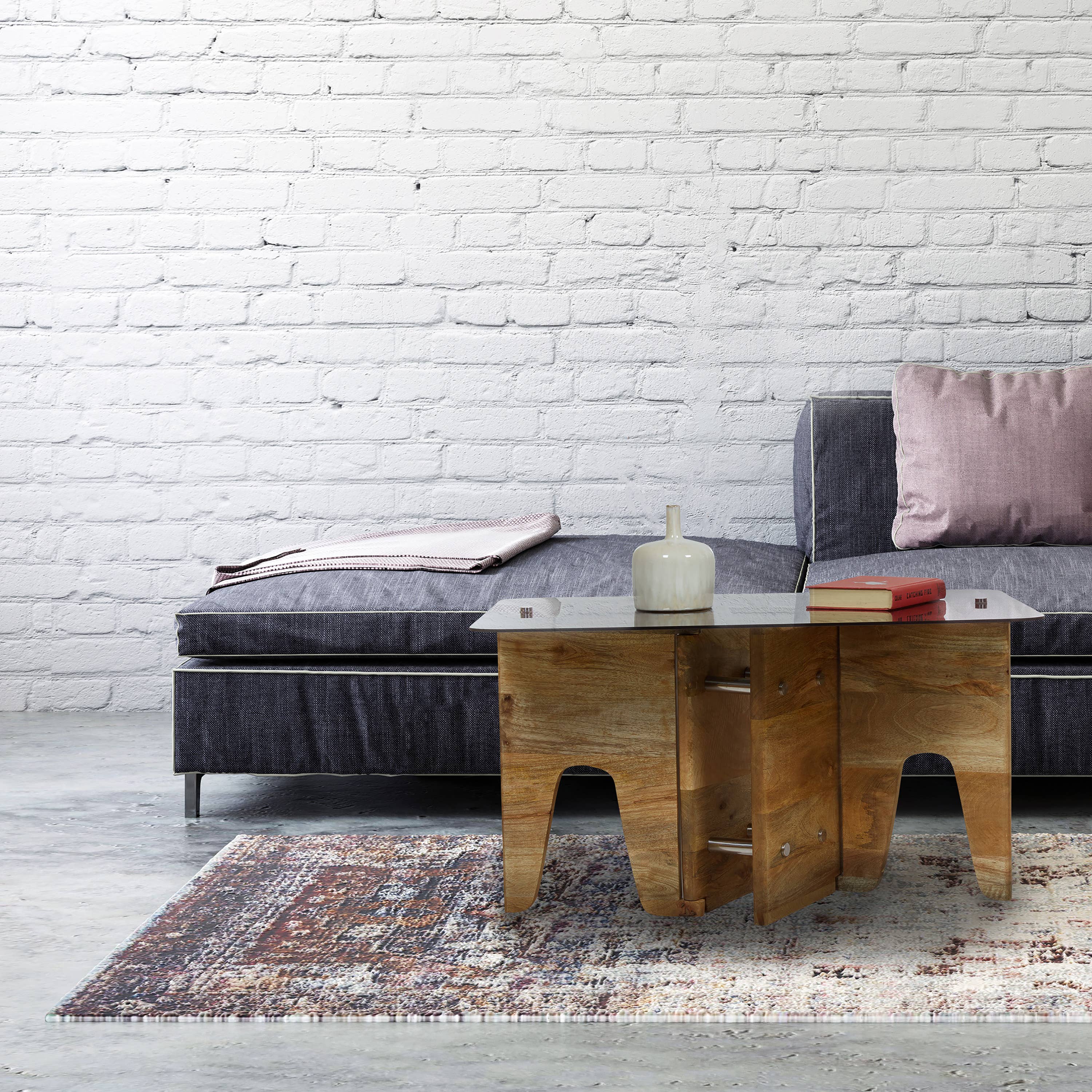 32" Mildred Mid-Century Wood & Gray Glass Coffee Table
