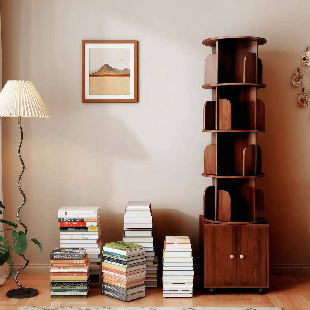 Rotating Wooden Bookcase with Storage Drawer,Swivel Design: White / 5-Tier