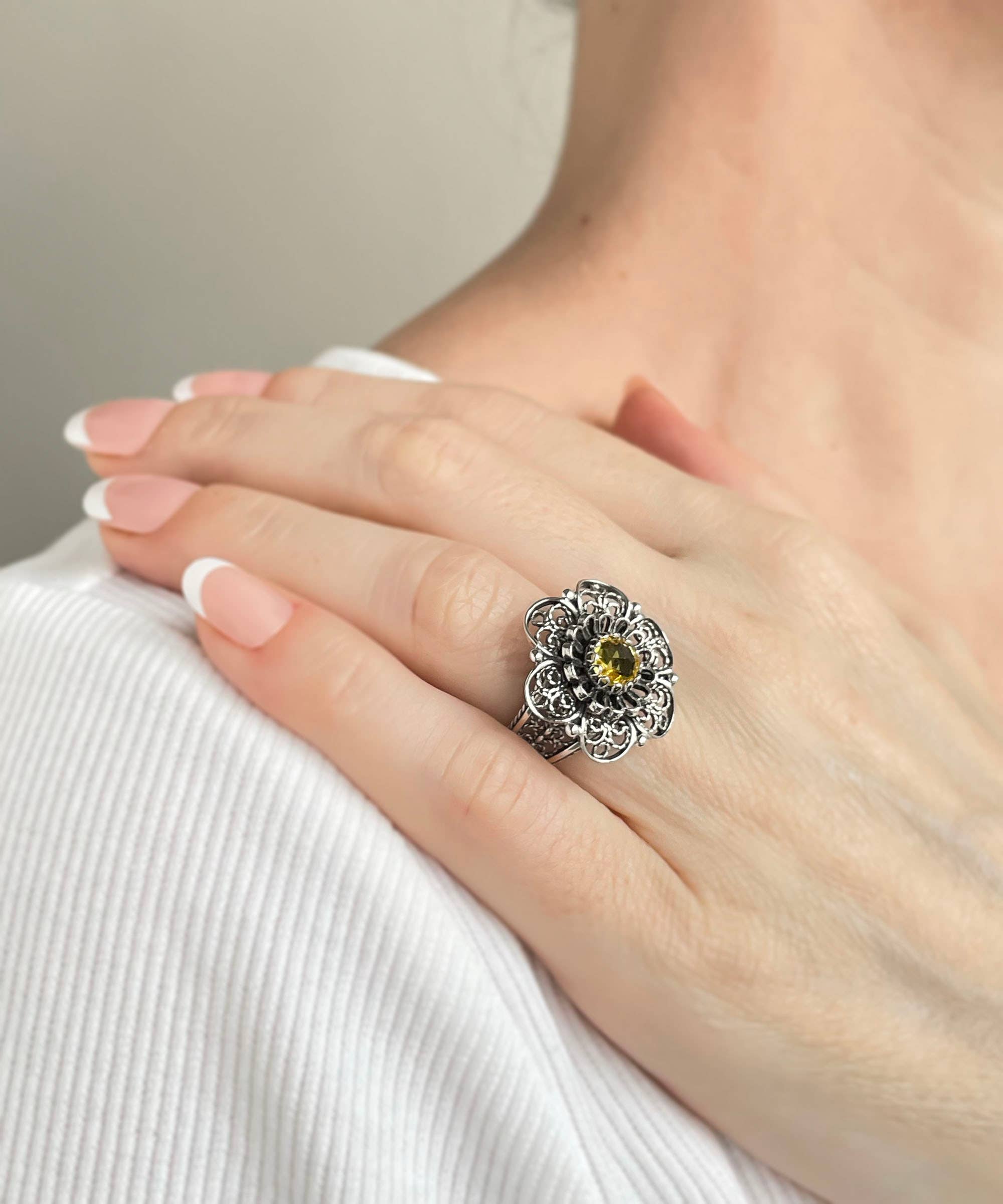 Art Citrine Gemstone Flower Women Silver Ring: 7